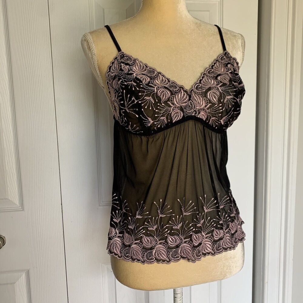 Cacique cami lingerie black lace sheer embroidered stretch 14/16 - Picture 3 of 16